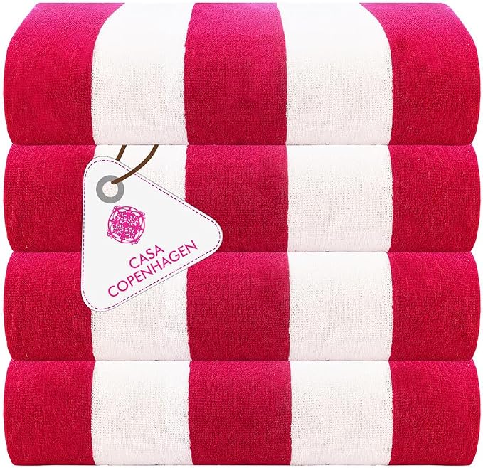 CASA COPENHAGEN Cabana Towel 4Pcs Pink Designer Stripe Beach Towels Gift Set, 30"x60" Oversized 100% Cotton Pool Bath Towel for Beach Gift Set (Perfect Summer Gift Set for Women & Men)