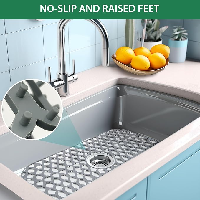 Silicone Sink Protector for Multi-Size Kitchen Sink(24"x13", Center Drain) | Flexible and durable, heat-resistant, machine washable, non-slip, gray grid.