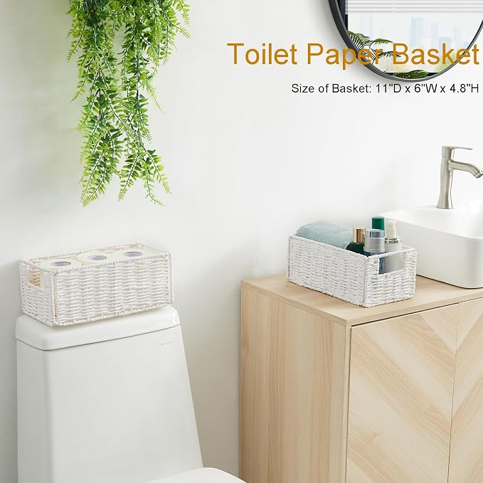 Wicker Storage Basket, Set of 2 Hand-Woven Paper Rope Wicker Basket, Small Storage Baskets for Organizing Toilet Paper Basket, Foldable Large Cube Storage Organizer Bins for Shelves (White)