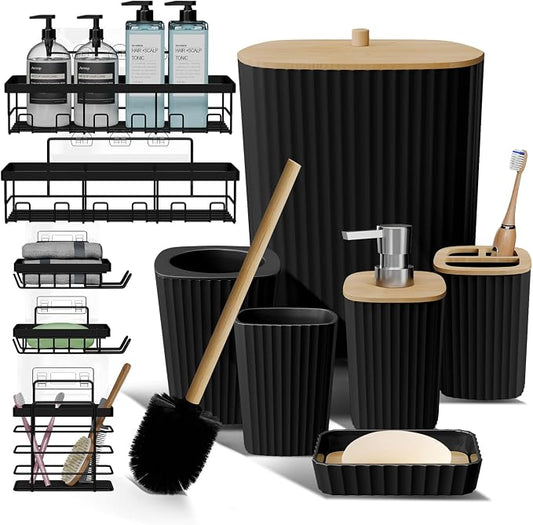 Clara Clark Bathroom Set - Black Bathroom Accessories Set, 6PC Bathroom Accessory Set, Bathroom Sets with Adhesive Corner Shower Caddy Hanging, Toilet Brush, Trash Can & Soap Dispenser