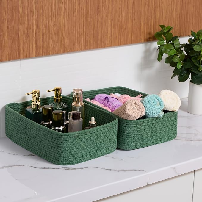 MiniArk Large Shallow Organizing Baskets 15x11x5.1 Inches - Rope Woven Storage Bins for Bathroom, Shelves, Cube Closet, Green 4 Packs