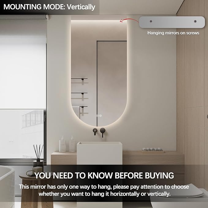 Arched LED Bathroom Mirror, 48"x24" Arch Framless Backlit Mirror with Lights Anti-Fog Dimmable Smart Frameless 3-Color Lighted Vanity Mirror Memory Waterproof, UL Listed, Vertical-Inverted