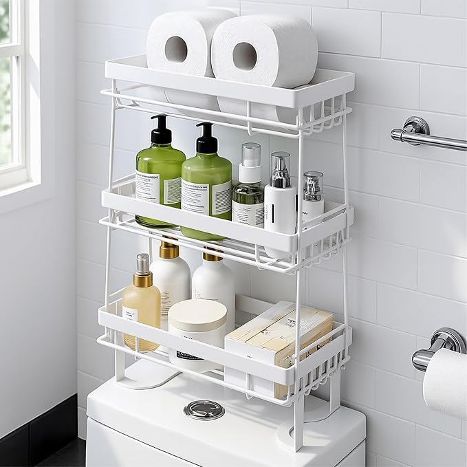 ShellKingdom Over The Toilet Storage Shelf, 3 Tier Toilet Paper Holder Rack | Punch-Free Bathroom Storage Rack with 2 Hooks, Small Space Organizers for Bathroom, Home, White