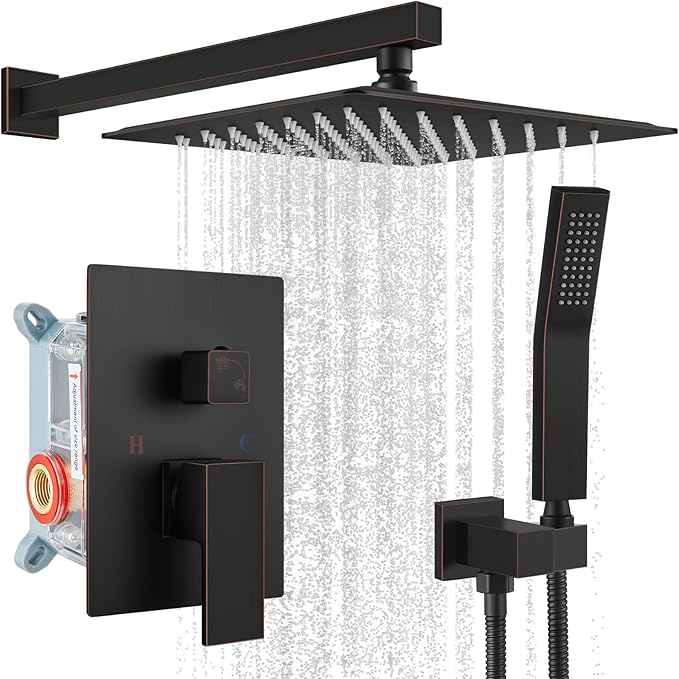 gotonovo Shower Faucet Set with Handheld Spray Oil Rubbed Bronze,12'' Head | SUS304 Rainfall Shower Head and Handle Set System Fixture,Pressure Balance Valve Trim Kit,Single Handle,Wall Mount,All Metal