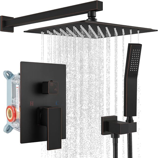 gotonovo Shower Faucet Set with Handheld Spray Oil Rubbed Bronze,12'' Head | SUS304 Rainfall Shower Head and Handle Set System Fixture,Pressure Balance Valve Trim Kit,Single Handle,Wall Mount,All Metal