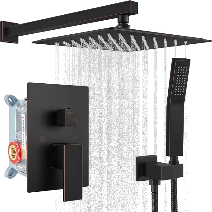 gotonovo Shower Faucet Set with Handheld Spray Oil Rubbed Bronze,10'' Head | SUS304 Rainfall Shower Head and Handle Set System Fixture,Pressure Balance Valve Trim Kit,Single Handle,Wall Mount,All Metal