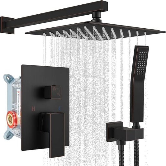gotonovo Shower Faucet Set with Handheld Spray Oil Rubbed Bronze,10'' Head | SUS304 Rainfall Shower Head and Handle Set System Fixture,Pressure Balance Valve Trim Kit,Single Handle,Wall Mount,All Metal