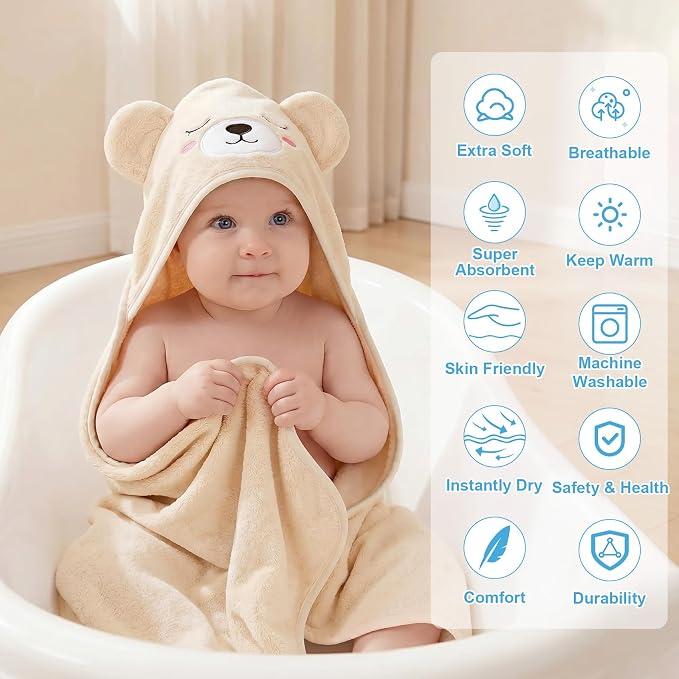 12 PCS Baby Bath Towels Set for Infants Toddlers Essentials | 4 PCS Baby Towels & 8 PCS Washcloths Set, Cute Animal Hooded, Ultra Absorbent & Soft, Newborn Shower Gifts for Boys & Girls
