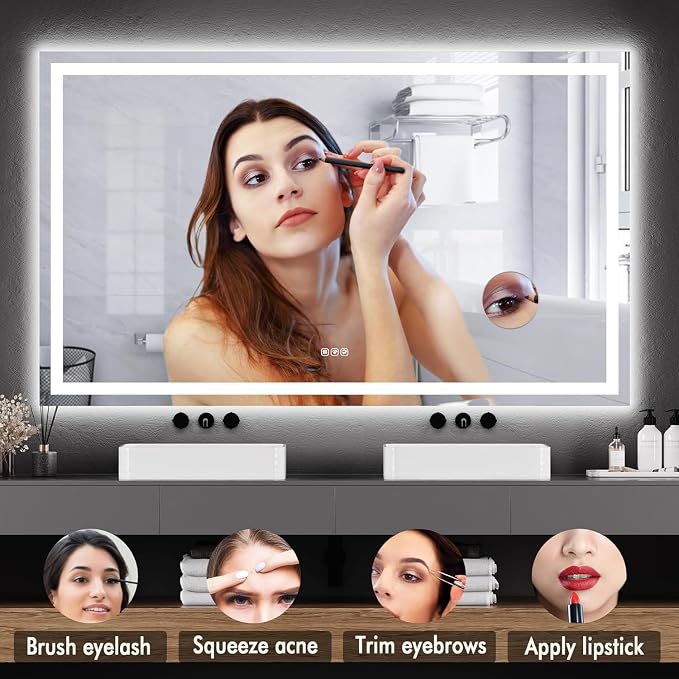 60 x 36 Inch Smart LED Bathroom Mirror，Dimmable Front + Backlit Illumination with Anti-Fog & Memory Function，Shatter-Resistant Design for Horizontal or Vertical Mounting