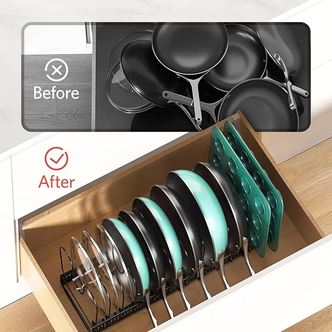 Pots and Pans Organizer under Cabinet, 11.8-22.8" 14 Dividers Black | Extends 11.8-22.8", Holds pot lids, pans, cookware and bakeware, Adjustable dividers, for under cabinet or countertop