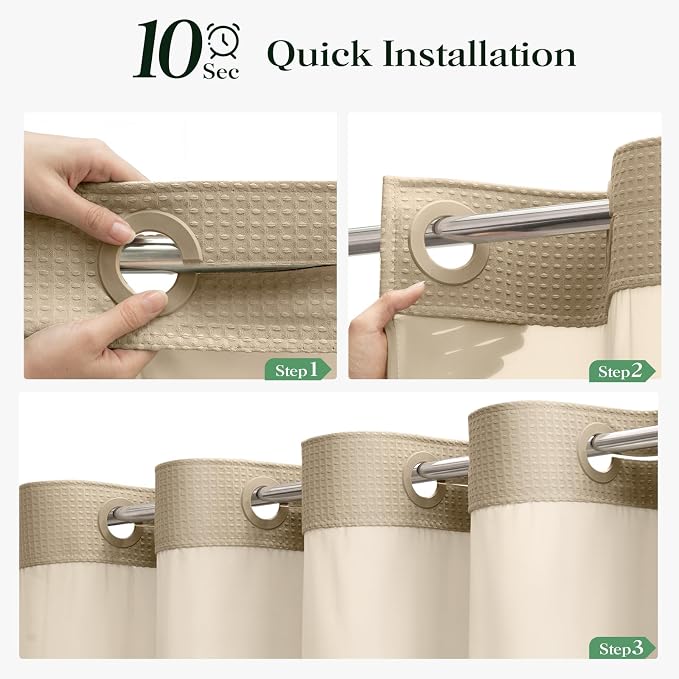 Beige Hook Free Waffle Shower Curtain & Snap-in Fabric Liner,72x75 | Less Time to install, 3 in 1 Fabric Shower Curtain and Liner Set with Magnets, Mesh Top Window, Shower Curtains for Bathroom