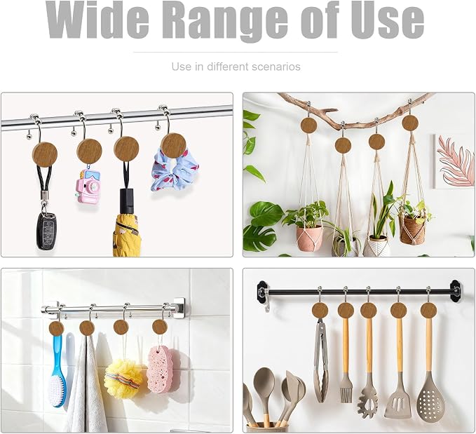 Wood Shower Curtain Hooks, Wooden Decorative Shower Curtain Rings, Modern Round Log Shower Curtain Hangers, 12PCS Shower Hooks for Shower Curtain Rod, Bathroom, Bedroom, Living Room (Silvery)