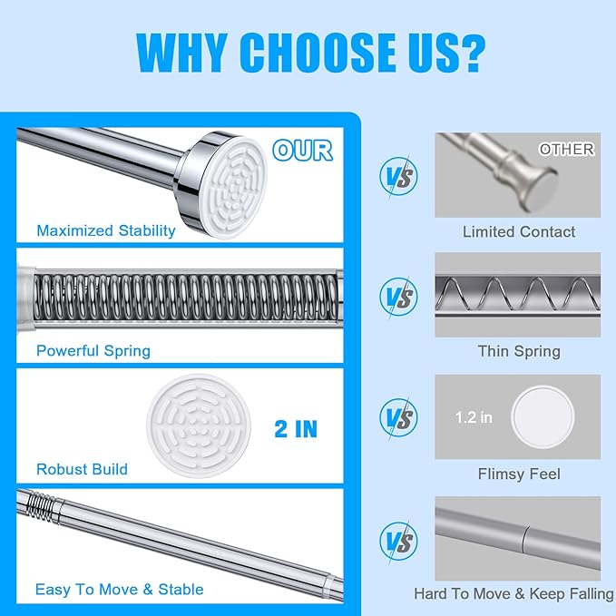 TEECK 2 Pack Shower Curtain Rod, 32-68 inch Adjustable Spring Tension Curtain Rod, Never Rust Anti-Slip Shower Curtain Rod for Bathroom, No Drilling, Never Collapse, Easy to Use, Silver