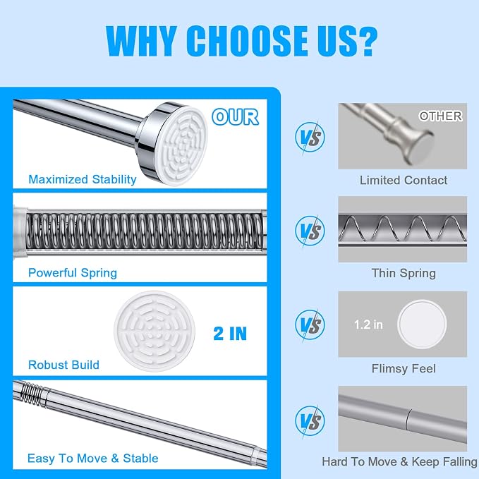 TEECK Shower Curtain Rod, 32-68 inch Adjustable Spring Tension Curtain Rod, Never Rust Anti-Slip Shower Curtain Rod for Bathroom, No Drilling, Never Collapse, Easy to Use, Silver