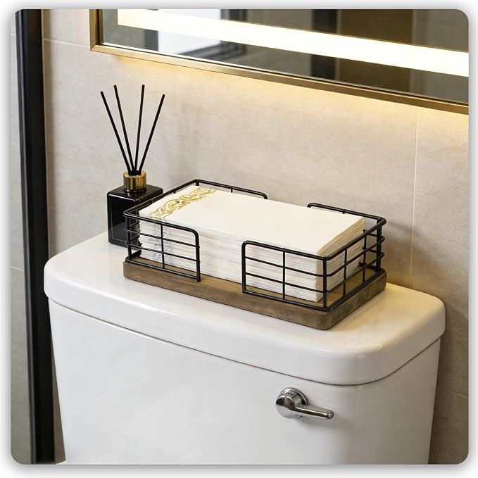 Kordory Wooden Disposable Guest Towel Holder Tray for Bathroom, Home | Bamboo Counter Rectangular Bathroom Napkin Holder for Ktichen, Disposable Hand Towel Holder Tray-Light Brown