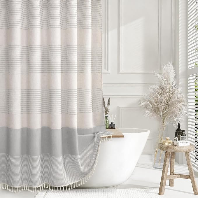 Grey Farmhouse Linen Striped Shower Curtain with Tassel 72"W X 84"L | Extra Long Boho Farmhouse Shower Curtains with Linen Texture for Bathroom Decor