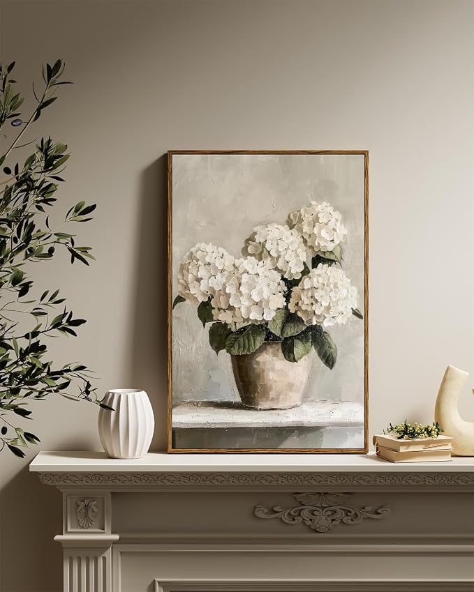 InSimSea Framed Canvas Wall Art Vintage Decor, Hydrangea Floral Pictures Bathroom Wall Decor Aesthetic, Living Room Bedroom Flower Home Retro Decorations, 16x24inch