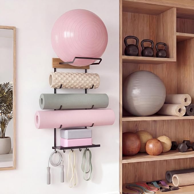 Yoga Mat and Ball Holder Wall Mount, 4-tier Yoga Mat & Ball Storage Rack, Metal Floating Shelf, Home Gym Organizer for Hanging Foam Rollers & Resistance Bands, Wood Color