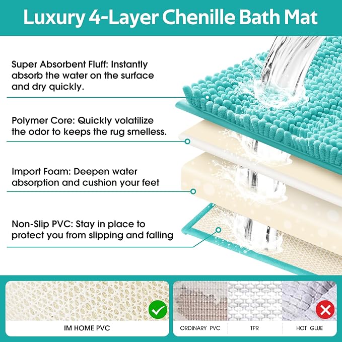Striped Teal Green Bathroom Rug Set 3 Pieces Ultra Soft, Non Slip Chenille Toilet Mat, Absorbent Plush Shaggy Bath Mats for Bathroom, Bedroom, Kitchen, Turquoise