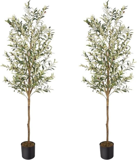 Artificial Fake Olive Tree 6FT 2Pack Faux Olive Tree for Home Decor | Faux Artificial Plants Indoor Fake Potted Plants with Natural Olive Branches and Realistic Leaves for Living Room Decor