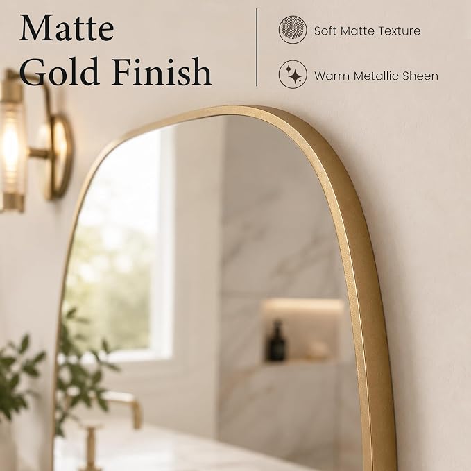 Matte Gold Capsule Bathroom Mirror, 24x36 Inch | Aluminum alloy frame, muted vintage gold tone, tempered glass, two-way mount for dressing space