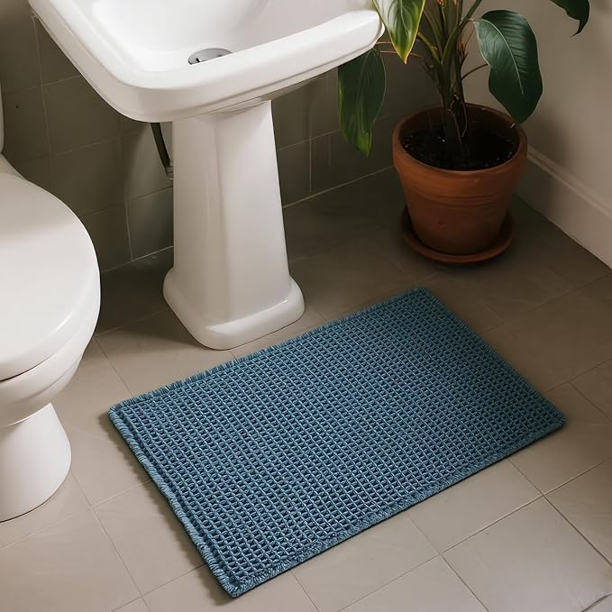 Triohero Waffle Runner Rug Bathroom, Long Boho Bath Mat, 24x60 Denim Blue | Super Absorbent Quick Dry Bath Rug, Non-Slip Backing, Soft Waffle Washable Farmhouse Bathroom Mats, Tub, Shower & Home Decor