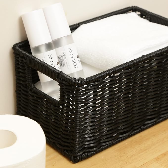 HOONEX Wicker Baskets for Storage, Plastic Baskets for Organizing with Dual Handles, Woven Baskets for Storage, Set of 2, Black