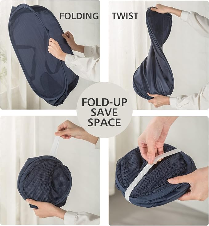 Sturdy Mesh Laundry Hamper Basket Bag,collapsible Pop up for Laundry Room | Folding Foldable Baskets with Side Pocket Travel Clothes Organizer for Bathroom,Kids Room,College Dorm (Horizontal,Navy Blue)