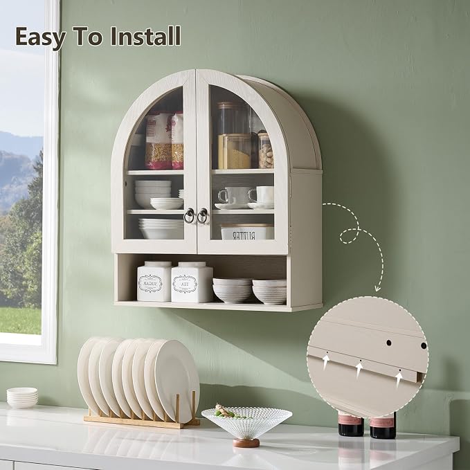 IFGET Bathroom Arched Wall Cabinet, 23.6'' Wide Medicine Cabinet with Adjustable Shelves & Acrylic Glass Doors, Over The Toilet Storage Wall Mount Cabinet for Laundry Room,Kitchen & Living Room, Cream
