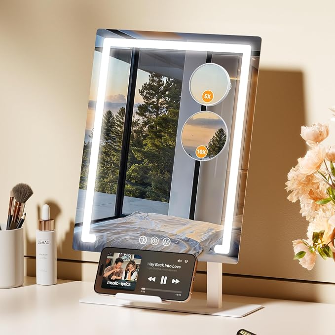 Gospire Hollywood Lighted Makeup Mirror, 4000mAh Rechargeable, 11”x16.8” | Vanity Mirror with Magnification 5X/10X, 3 Color Dimmable Lights, Touch Control, Phone Holder, LED Desktop Mirror for Bedroom