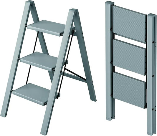 Taranta 3 Step Stool Foldable,Aluminum Step Ladder-Serene Blue | Lightweight,Wide Anti-Slip Pedals,Folding Step Stool,330lbs Capacity Stepladder for Household,Kitchen,Office