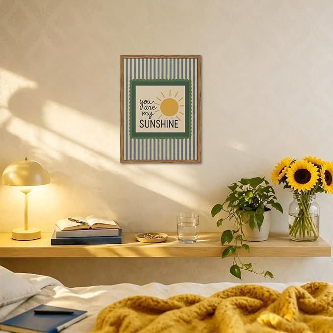 You are My Sunshine Wall Art Vintage Striped Quote Sign Wall Decor Picture Cute Sunshine Nursery Poster Canvas Painting Prints for Kids Living Room Bedroom 12x16 inch Wood Framed