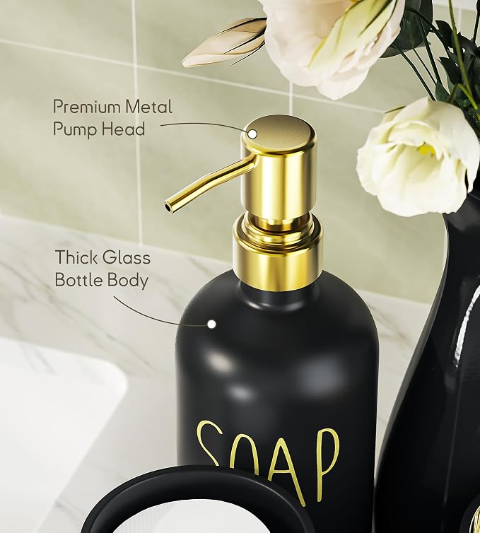 Black Bathroom Accessories Set with Tray, 6pcs Matte Black Bathroom Accessory Sets, Glass Soap Dispenser and Toothbrush Holder Set, Qtip Holder, Ceramic Flower Vase, Bathroom Set Decor