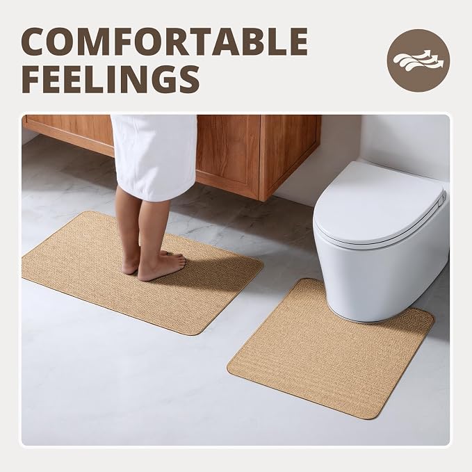 Bathroom Rugs Sets 2 Piece, Thin Bath Mat Absorbent Quick Dry, Machine Washable, Rubber Backing for Non Slip, Low Pile Cozy Cloth Bathroom Rug Set for Tub/Sink/Shower (27"x17" & 30"x19", Khaki)
