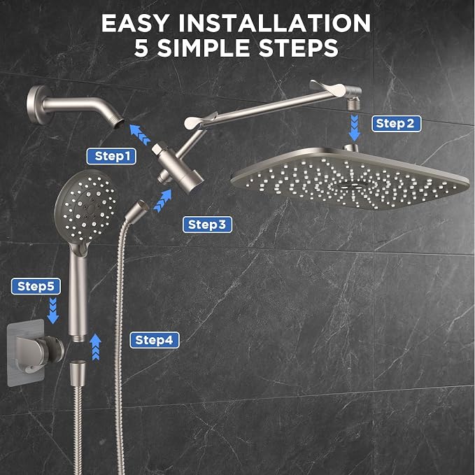Veken Starlight 11.8" High Pressure Shower Head with Handheld, Easy Install | Handheld Shower with Multi Spray Modes, Rainfall Combo with 15" Metal Extension Arm, Detachable Dual Shower, Bathroom Decor