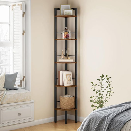 Corner Shelf Stand 5 Tier 60.5" with Metal Frame, Rustic Brown | Industrial Small Corner Shelf Narrow, Multipurpose Tall Corner Bookshelf, Corner Table Bedroom, Living Room, Office, Kitchen