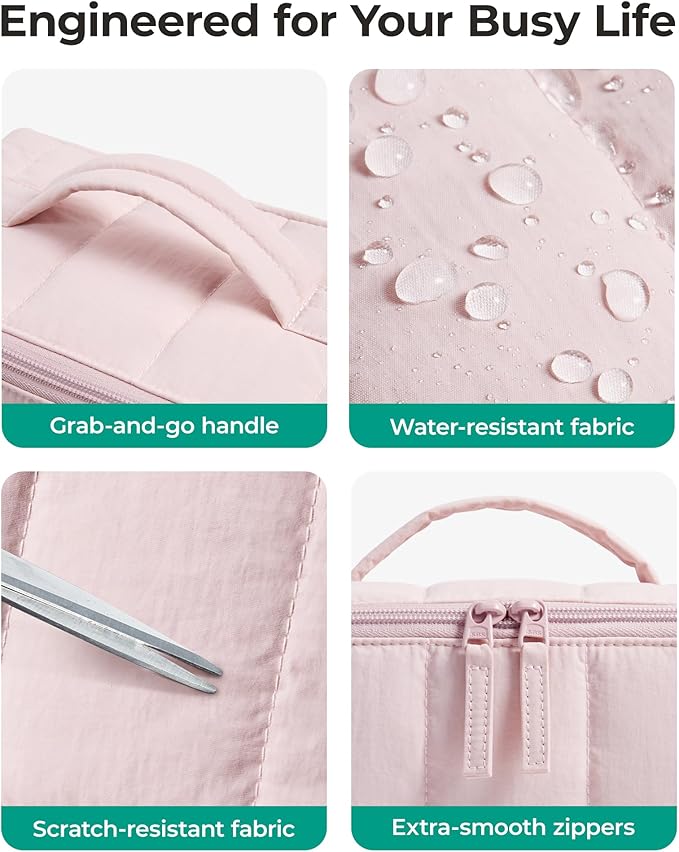 BAGSMART Travel Makeup Bag for Women, Portable Water-resistant Cosmetic Case, Puffy Padded Make Up Organizer Pouch, Open Flat Toiletry Bag for Toiletries, Brushes, Mist Purple