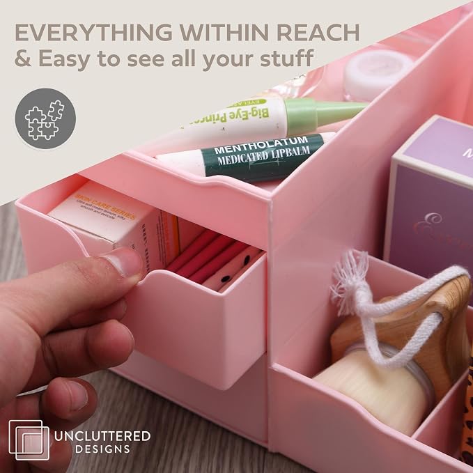 Makeup Organizer With Drawers - Cute Kawaii Countertop Storage for Cosmetics, Pretty Vanity Holder for Perfume, Skincare, Brush, Lipstick, Nail Polish and other Accessories (Pink)