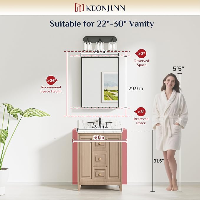 Keonjinn 22 x 30 Inch Brushed Nickel Bathroom Mirrors for Over Sink | Beveled Rectangle Framed Mirrors for Wall, Anti Rust, Farmhouse Bathroom Vanity Mirror, Safety Tempered Glass, Square Corner