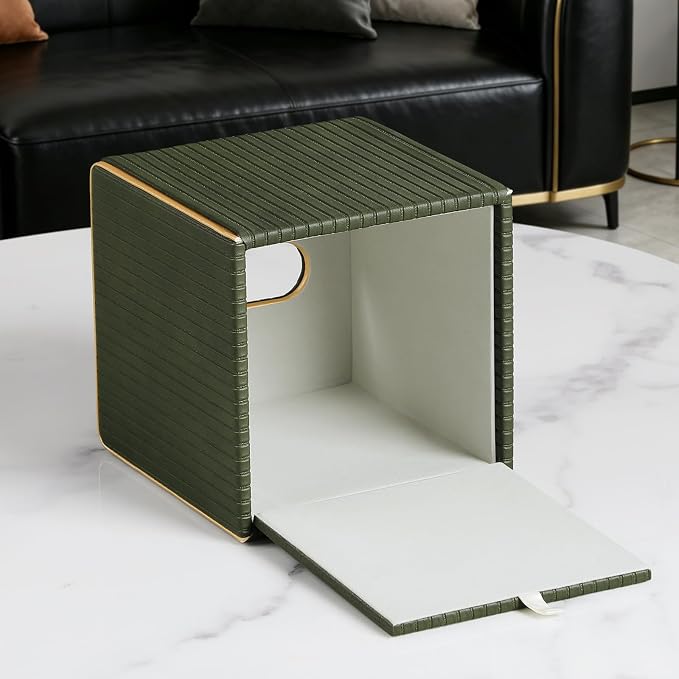 Square PU Leather Tissue Box Cover with Magnetic Closure, Decorative Tissue Holder & Storage Container for Bedroom, Living Room, Dining Room, Bathroom, Countertop, Desk (Square Green)