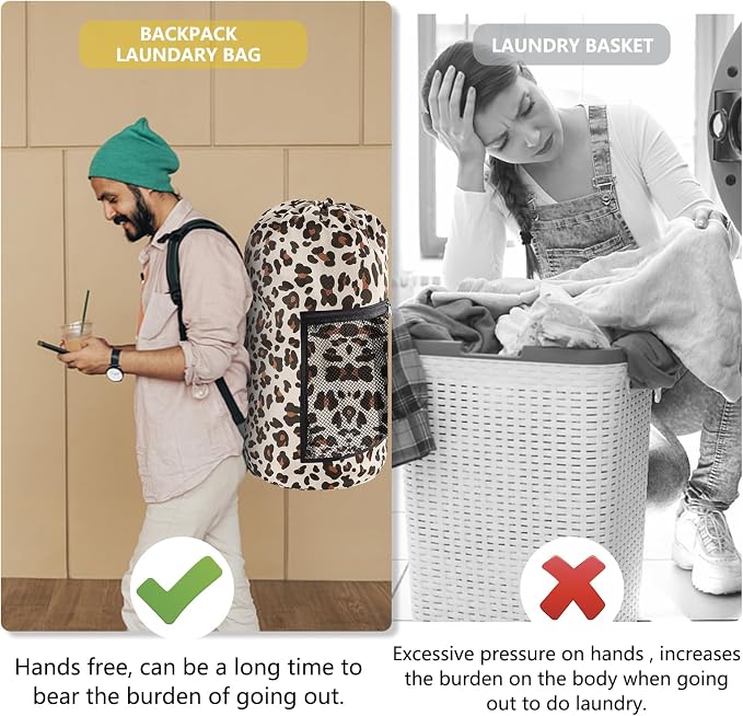 Olosar Laundry Bag Backpack, Extra Large Travel Laundry Bag with Mesh Pocket & Adjustable Shoulder Straps,Dirty Clothes Travel Bag for College Students Dorm,Apartment(Leopard Print)