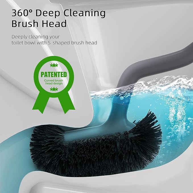 HAMITOR Toilet Bowl Brush Holder Set, Dead Corner S-Shaped Bristle Scrubber | Curved Bristles Clean under Rim and Corners, Ventilated Holder Dries Fast, Long Ergonomic Handle, Soft Grip, Saves Space, Rv