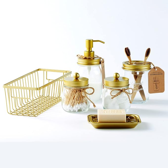 SheeChung Mason Jar Toothbrush Holders, Farmhouse Toothpaste Organizer, 1Pc | Gold Glass Electric Tooth Brush Holder for Bathroom Countertop, Removable Stainless Steel Lid, 3 Divider,Rustic Vintage Decor