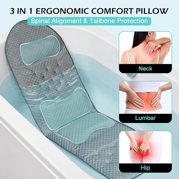 Full Body Bath Pillow for Bathtub, Thick Soft Tub Cushion with Non-Slip Suction Cups Dual Hooks, Luxury Spa Pillow for Neck Back and Hip Support, 53" x 17"