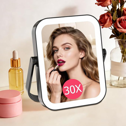 FUNTOUCH 3000mAh Rechargeable Travel Magnifying Mirror with Light, Black | 2-Sided 30X Magnifying travel makeup mirror with 3-Color Lighting, Dimmable Touch Screen,Compact Vanity Mirror for Women Gift