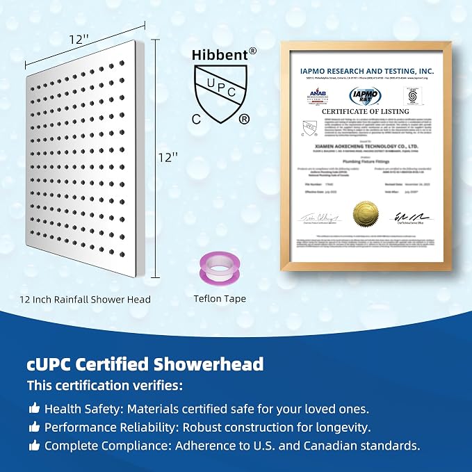 Hibbent cUPC Certified Metal High Pressure 12'' Rain Shower Head, Chrome | Thickness Showerhead, Square Large Bathroom Rainfall Shower Head, Adjustable Brass Ball Joint, Waterfall Full Body Coverage