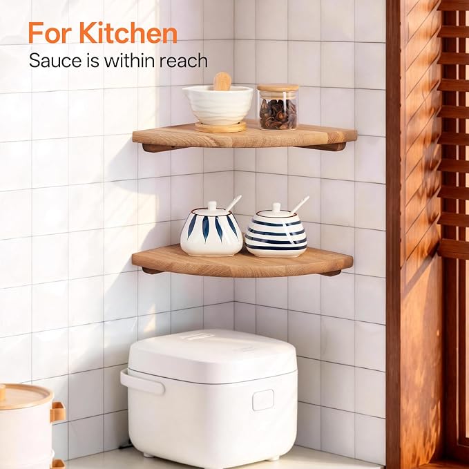 Floating Corner Shelves, Set of 3 Corner Wall Shelves with Cable Hole Soild Wood Wall Storage Display Wall Mounted Shelves for Plants, Photos, Speakers, Living Room, Bedroom, Bathroom, Kitchen