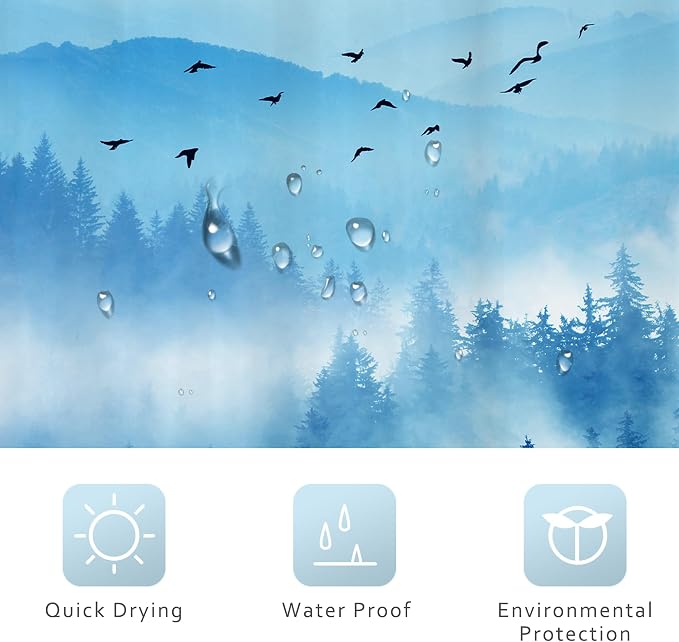 Navy Blue Mountain Nature Woodland Scenery Bathroom Shower Curtain Set | 72"W x 72"L shower curtain， Park Scene: HD waterproof print, quick-dry cloth, free hooks for easy installation.