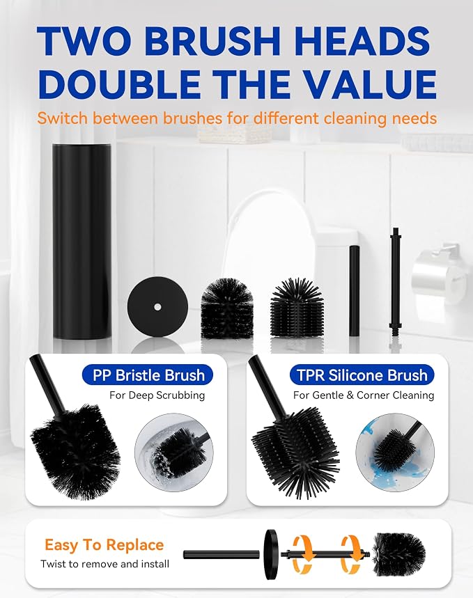 Dowry Toilet Bowl Brush and Holder Set for Bathroom | Deep Cleaning with Long Handle Hidden Toilet Bowl Scrubber with Replaceable Head Modern Decor Black Round