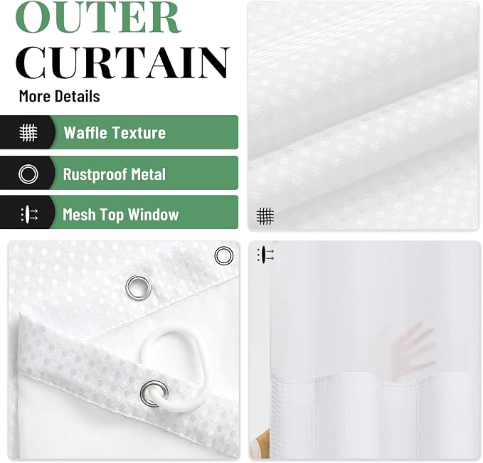Fabric Shower Curtain with Snap in Liner, White Waffle Hotel Shower Curtains for Bathroom, Washable Waterproof Cloth Shower Curtain Liner Set with Plastic Hooks, Mesh Top Window, 72x72